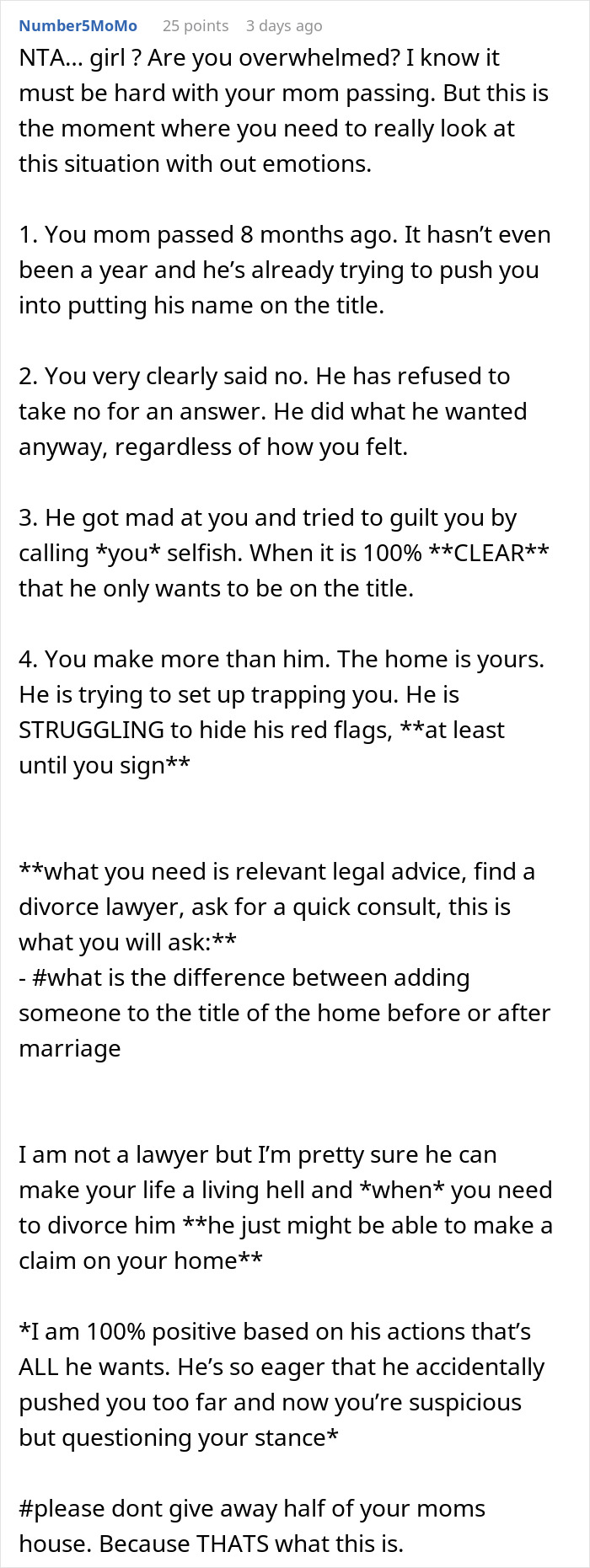 Text message exchange discussing house ownership and legal advice for a woman&rsquo;s fianc&eacute;.