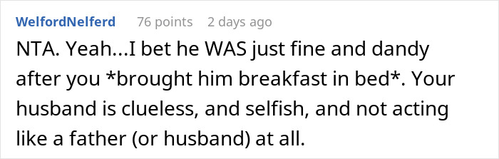 Reddit comment criticizing husband&rsquo;s behavior toward sick pregnant wife and toddler.