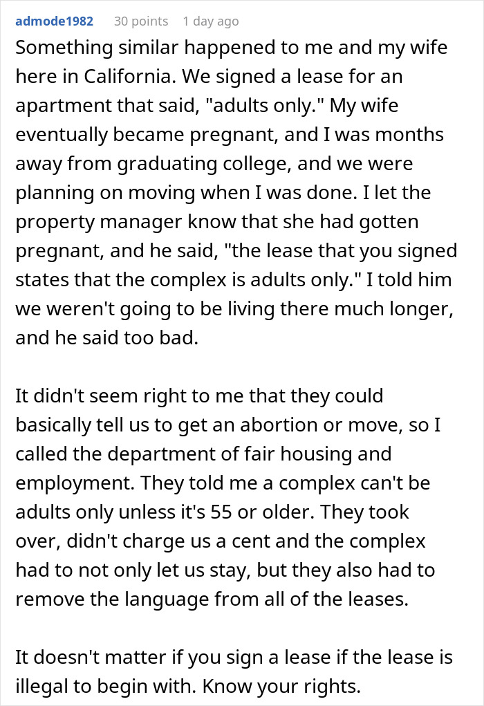 Text describes a tenant's story about lease legality and housing rights issues in California.