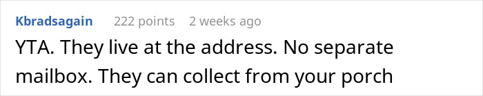 Comment thread discussing shopaholic tenants in a basement, addressing mail collection issues.