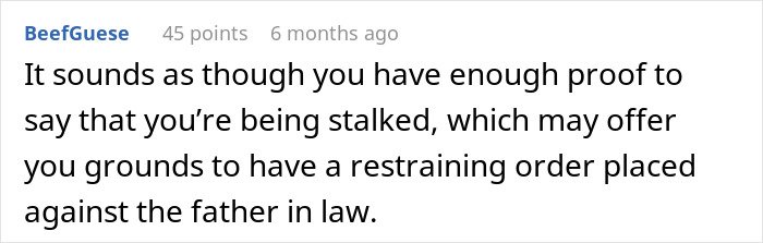Text discussion on grounds for a restraining order due to ex-father-in-law Airtag stalking post-divorce. Text discussion on grounds for a restraining order due to ex-father-in-law Airtag stalking post-divorce.