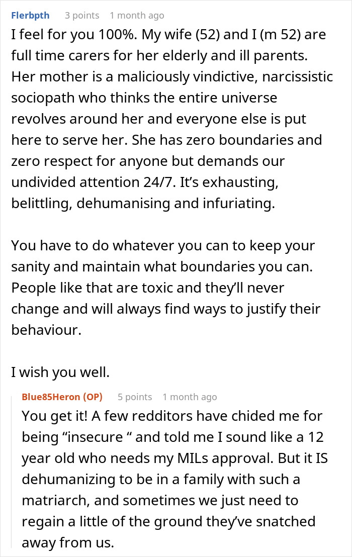 Reddit thread discussing a MIL with no boundaries, containing tips on maintaining sanity and dealing with toxic family dynamics.