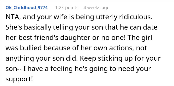 Reddit comment discussing dad's support for son amid family drama over a friend's daughter.