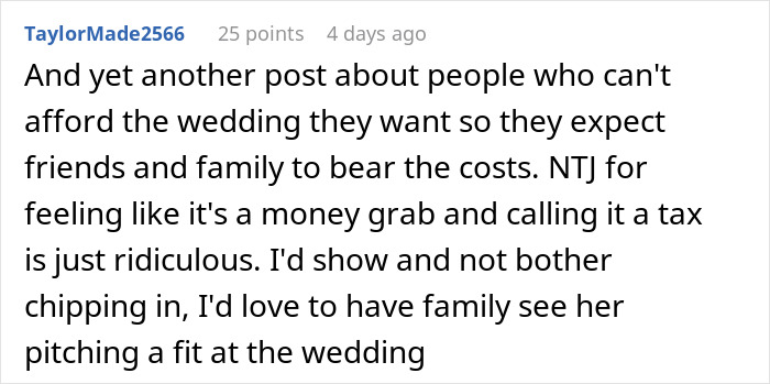Comment discussing wedding tax, criticizing cost expectations and calling it a money grab.