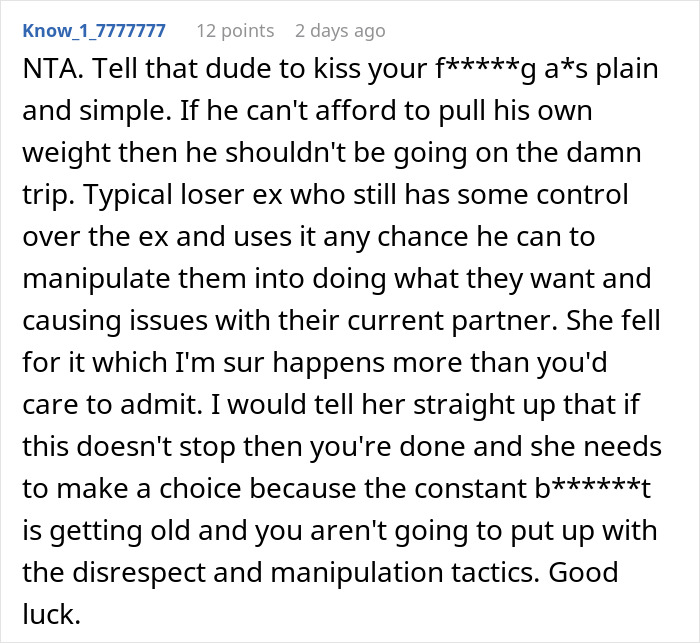 Reddit comment criticizing a girlfriend&rsquo;s demand for her boyfriend to fund a Disney trip for her kids and ex's family.