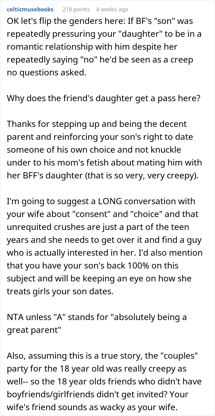 Comment discussing dad supporting son's choice, questioning pressure from family friend's daughter.