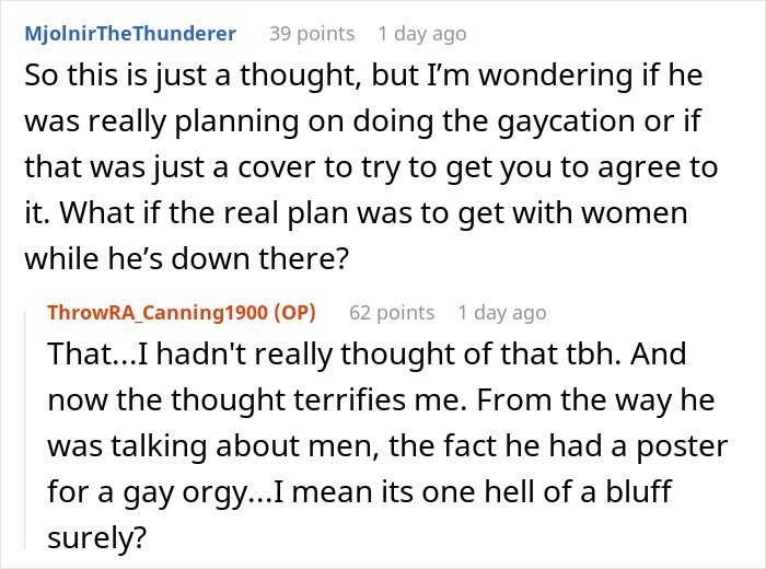Reddit conversation about a husband's gaycation request, raising doubts and shock.