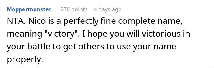 Comment supporting teen's struggle for being called by real name, mentioning the name "Nico" and its meaning "victory.