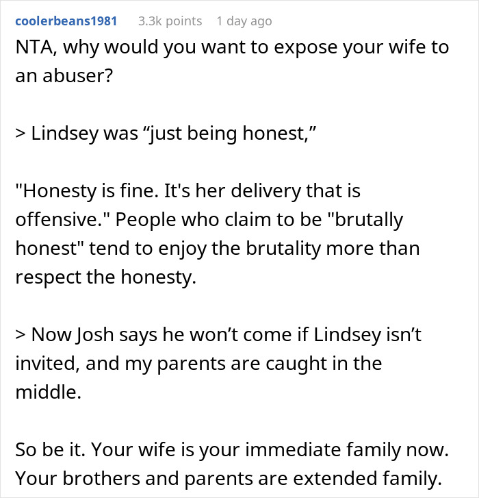 Reddit comment discussing uninviting a brother's girlfriend due to her rudeness causing family drama.