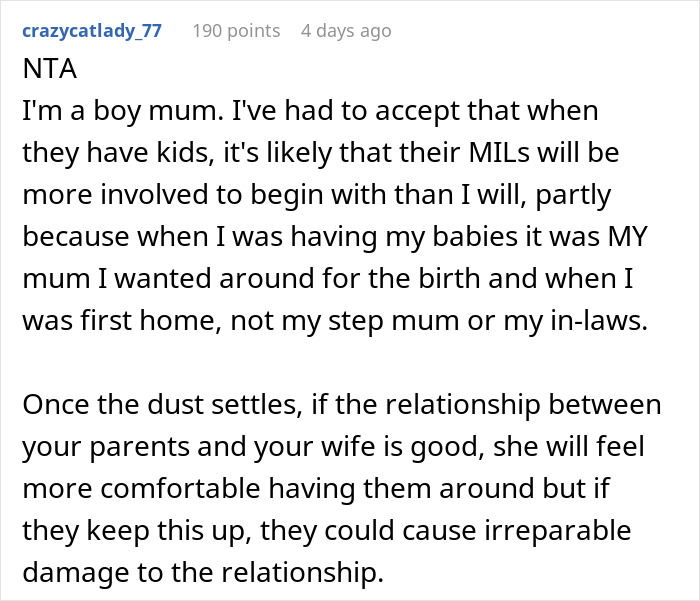 Online comment about relationship dynamics with mothers-in-law after a new baby.