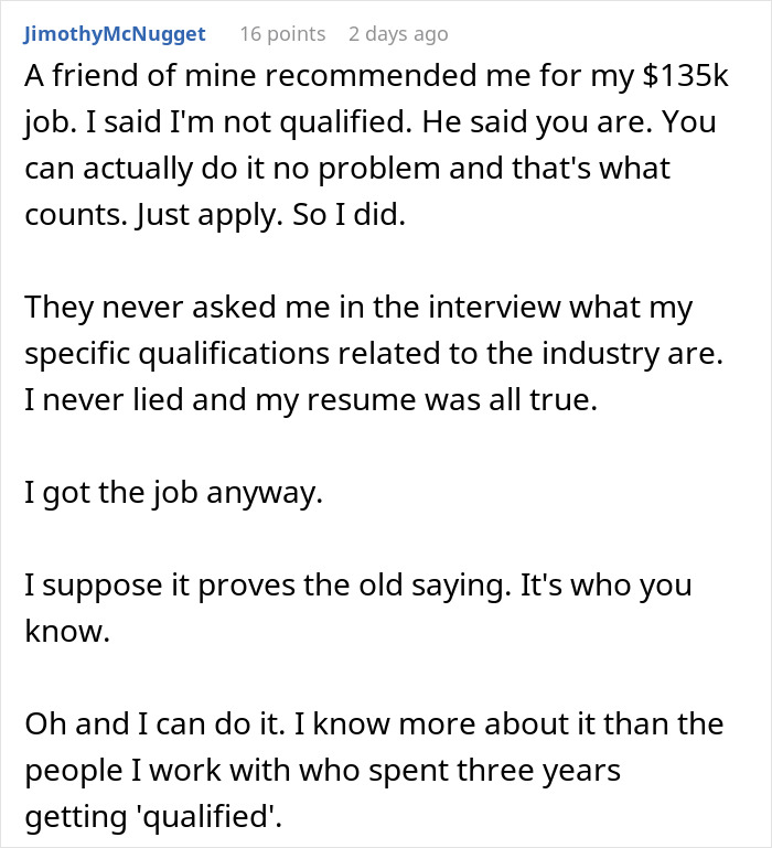 Screenshot of a Reddit post discussing securing a $135k finance job without lying on a resume.