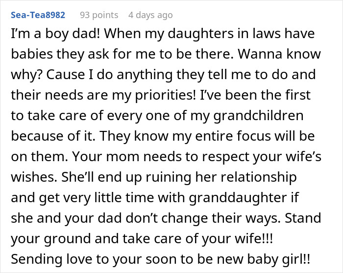 Text comment advising on family priorities and respecting a wife's wishes regarding baby meetings.