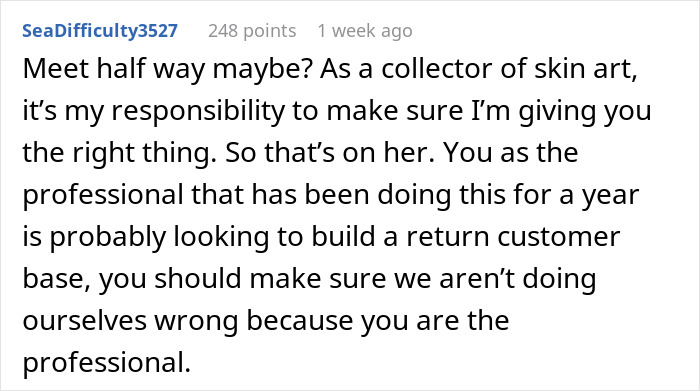 Text comment discussing responsibilities in skin art, emphasizing professionalism and customer satisfaction.