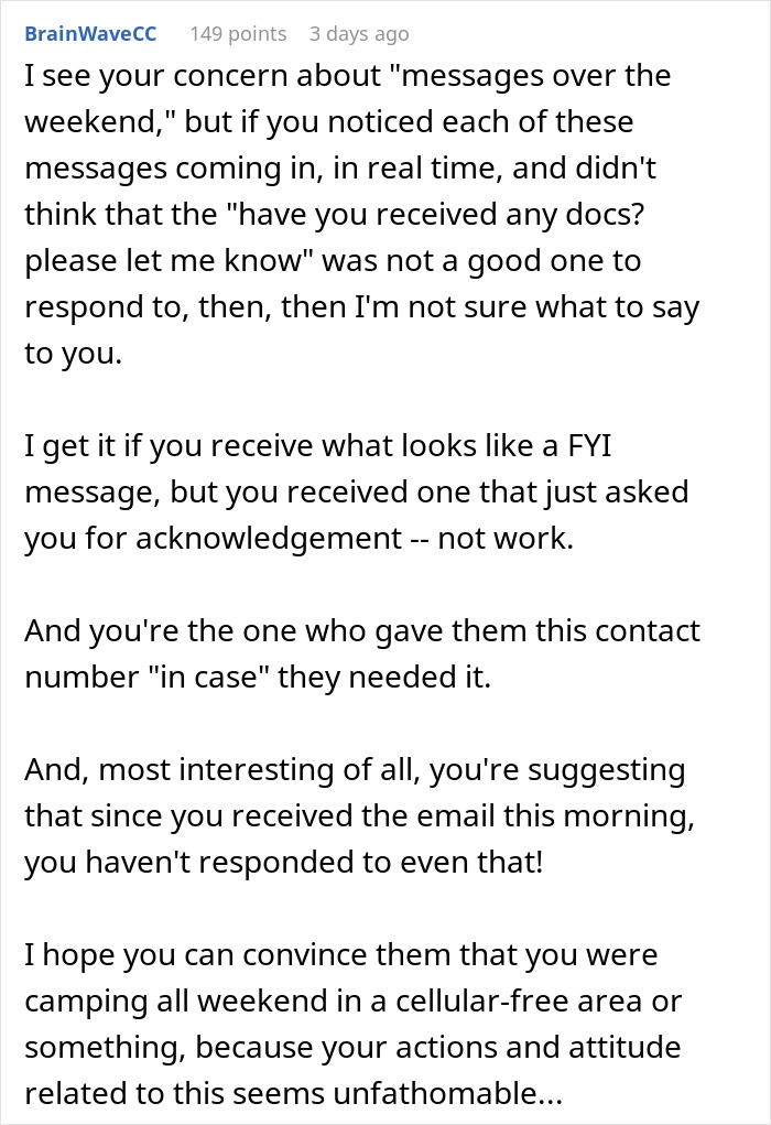 Screenshot of a Reddit message discussing getting fired before starting due to weekend communication issues.