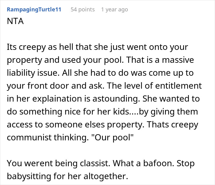 Online comment criticizing a woman for using a pool without asking, discussing entitlement and boundaries. Online comment criticizing a woman for using a pool without asking, discussing entitlement and boundaries.