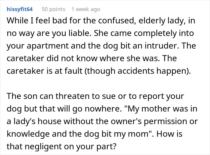 Comment discussing liability after a dog bites an intruder, mentioning an elderly woman's confusion.