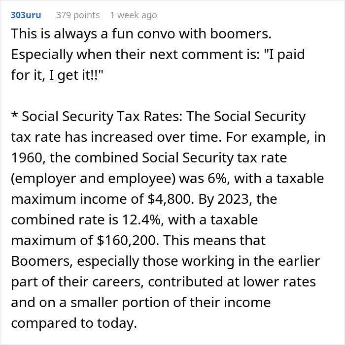 Boomer discusses Social Security tax rates and contributions over time.