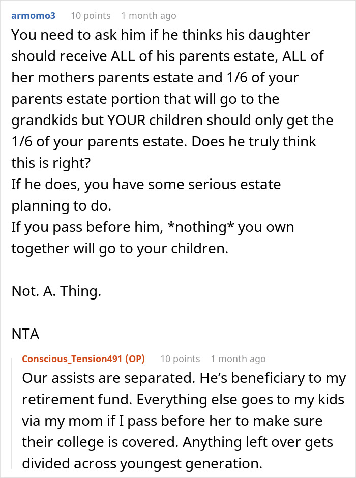 Reddit discussion on a husband's reaction to wife's parents excluding his daughter from their will. Reddit discussion on a husband's reaction to wife's parents excluding his daughter from their will.