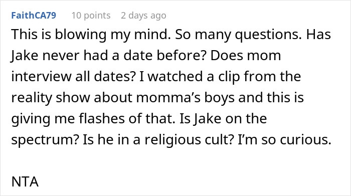 Text from a user discussing a surprising date involving a mom, questioning various scenarios.