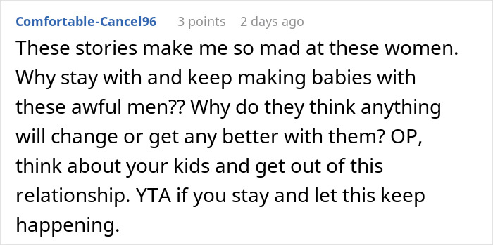 Online comment discussing relationship issues and parenting struggles.