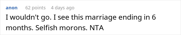 Comment on bride's wedding tax causing outrage over predicted marriage failure.