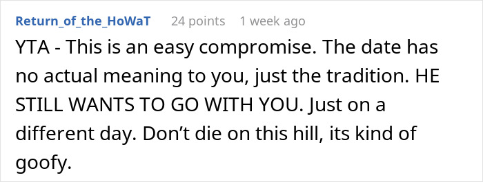 Reddit comment discussing compromise on family tradition and friendship priorities.