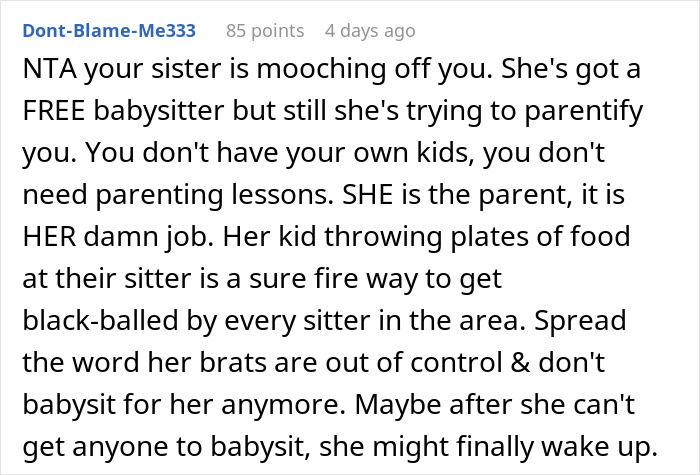 Text from a discussion about finding another babysitter due to a nephew's misbehavior, with mentions of parenting issues.