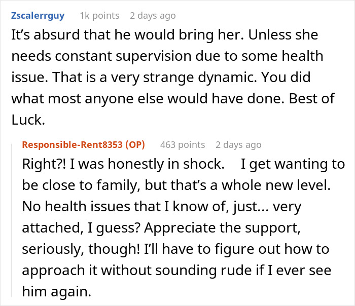 Comments discussing a woman running away from a date due to an unexpected guest, highlighting surprise and support.