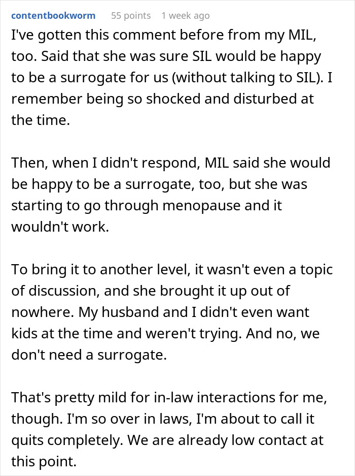 Text describing a woman's stunned reaction to her MIL's plan for SIL to be a surrogate. Text describing a woman's stunned reaction to her MIL's plan for SIL to be a surrogate.