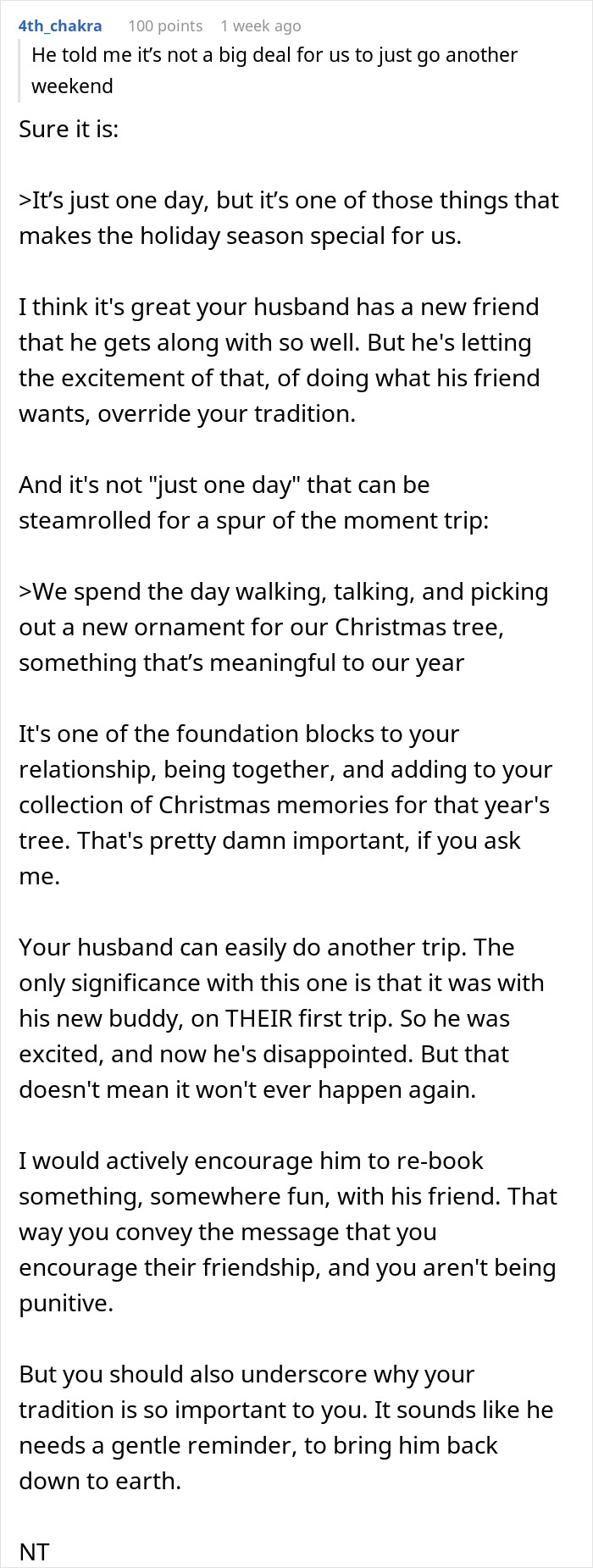 Text discussing the importance of family tradition over a husband's new friendship.