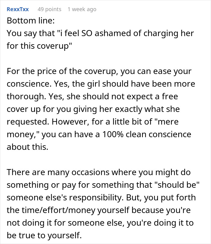 Text commentary discussing a woman's failed first tattoo and the need for a coverup.