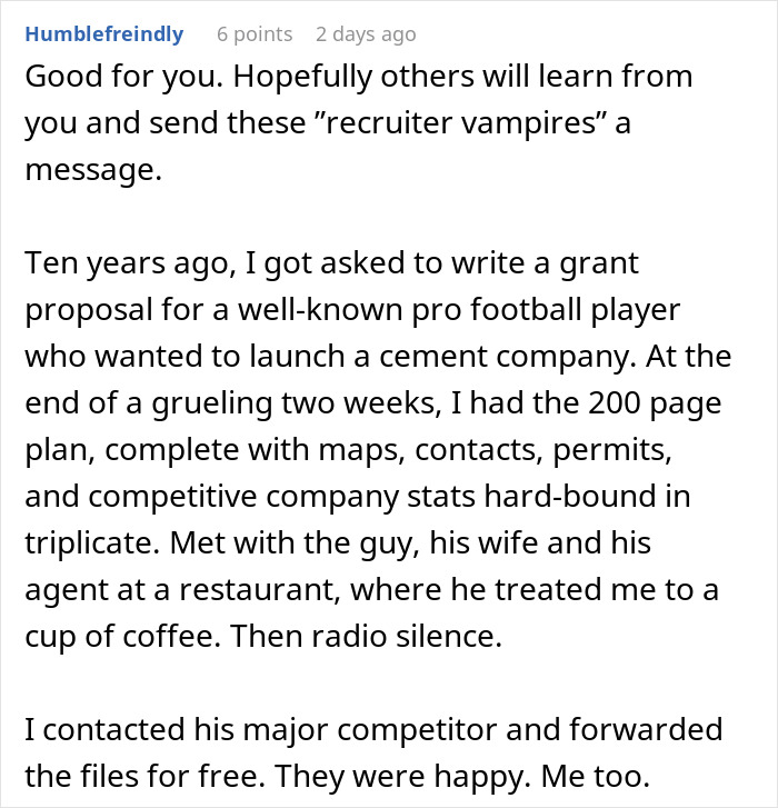 Text about recruiter ghosting candidate, regretting action, and seeking assignment access.