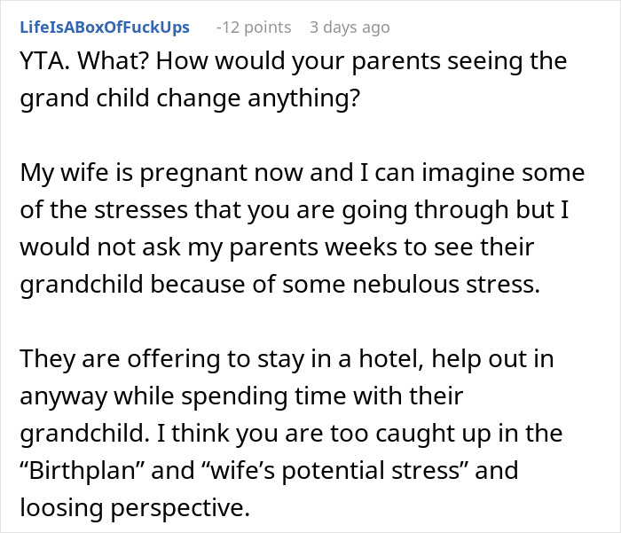 Text discussing family stress about grandparents meeting a baby amid pregnancy challenges.