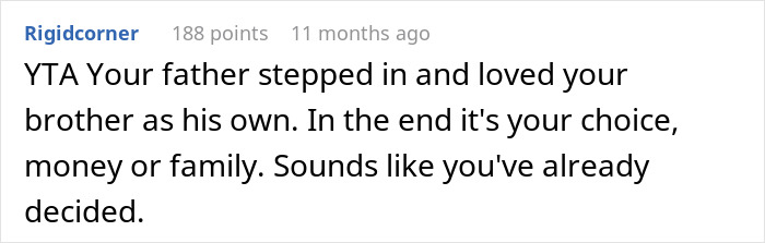 Reddit comment discussing family choices and inheritance conflict. Reddit comment discussing family choices and inheritance conflict.