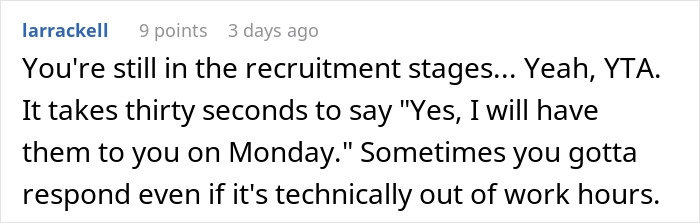 Forum post discussing getting fired before starting, emphasizing response time during recruitment.