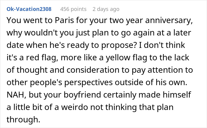 Screenshot of a Reddit comment discussing a boyfriend's fake proposal in Paris. Screenshot of a Reddit comment discussing a boyfriend's fake proposal in Paris.