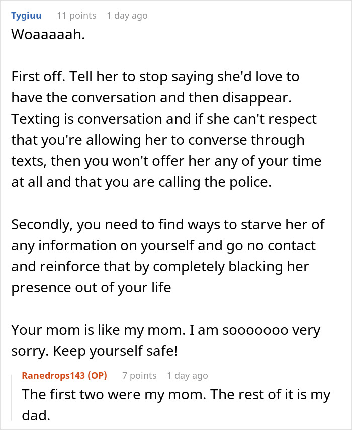 Reddit comments discussing personal experiences and advice on dealing with similar situations. Reddit comments discussing personal experiences and advice on dealing with similar situations.