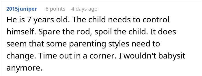 Reddit comment discussing babysitter quitting after incident with nephew, mentioning parenting styles and discipline.