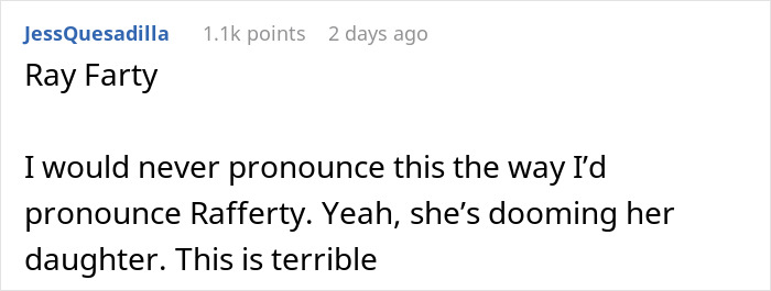 Reddit comment calling out a child's name choice as problematic, emphasizing potential bullying issues. Reddit comment calling out a child's name choice as problematic, emphasizing potential bullying issues.