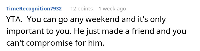 Comment discussing family tradition versus new friendship priority.