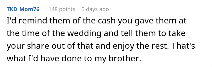 Comment on being charged $115 weeks after attending a brother's wedding.