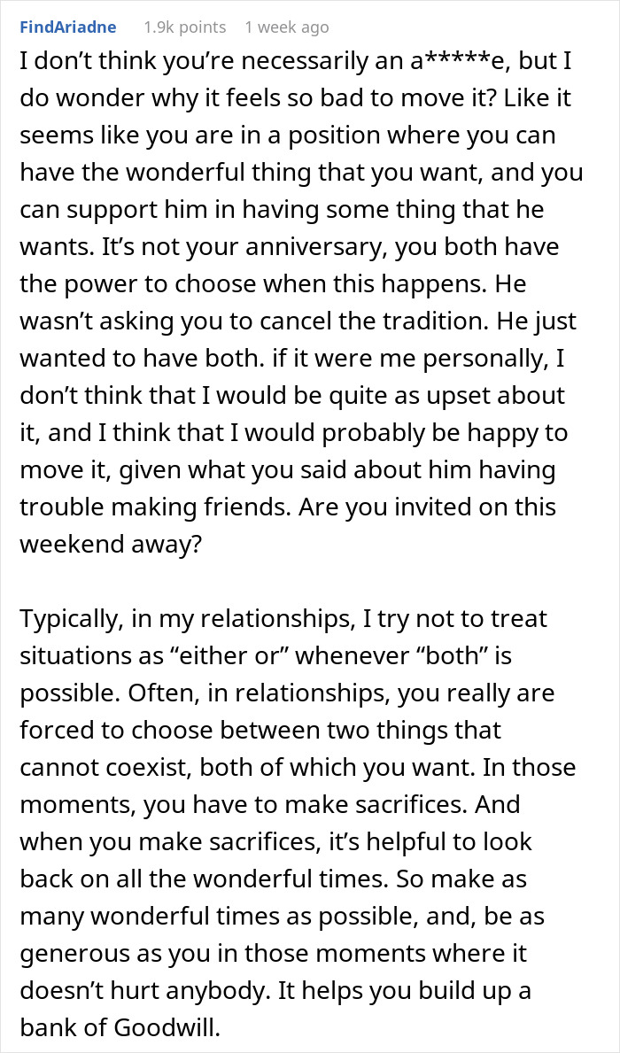 Text response discussing family tradition vs. new friendship priorities.