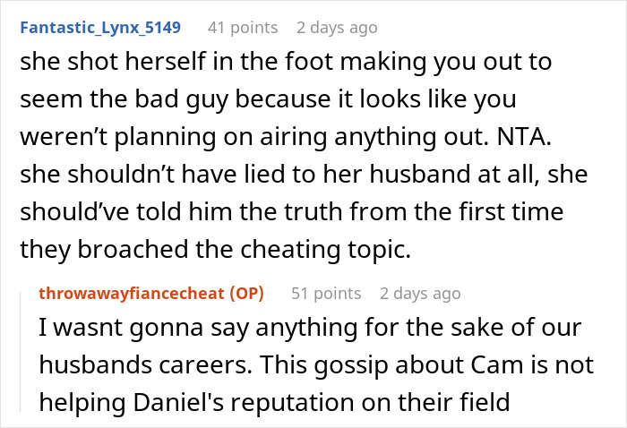 Reddit discussion about a woman exposing infidelity and its impact on reputations.