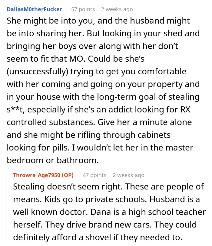 Two users discussing suspicion of HOA president's intentions with new resident in online comments.