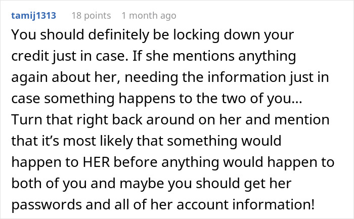 Comment discussing credit protection and passwords in context of mother-in-law suspicion.