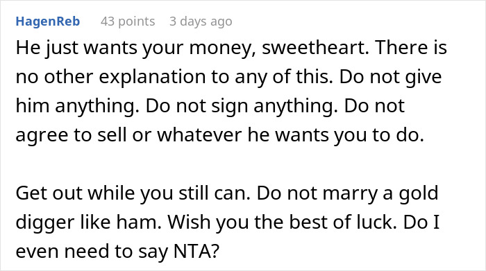 Comment advises woman not to share house ownership with fianc&eacute; due to trust issues.