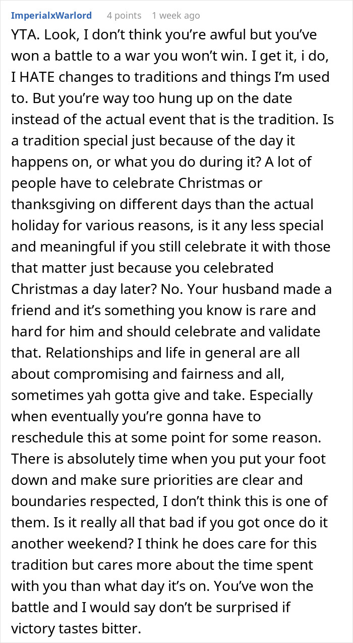 Screenshot of a Reddit comment discussing family tradition and friendship priorities.