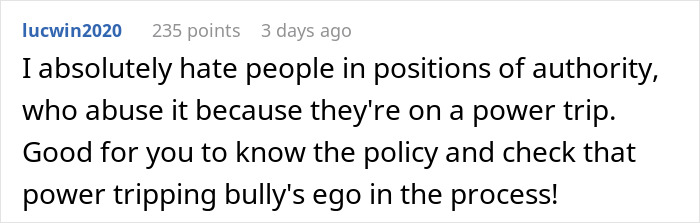 Reddit comment criticizing authority abuse and supporting a college student outsmarting a professor.