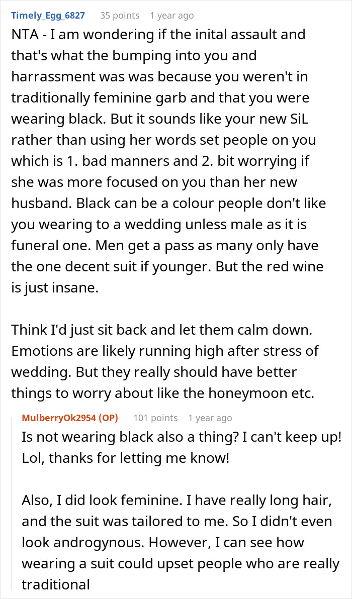 Reddit discussion about wedding guest attire and non-traditional outfits like pantsuits.