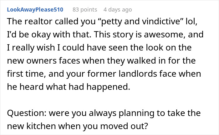 Reddit comment discussing petty landlord revenge and renovation consequences. Reddit comment discussing petty landlord revenge and renovation consequences.